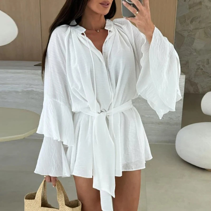 Spring Summer Ruffle Loose Mini Dress Casual Flare Sleeve Holiday Dresses Sexy Deep V Lace Up Solid Color Women's Dress Vestidos