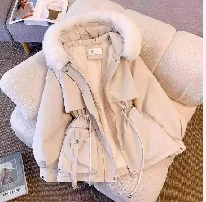 Short with Fur Collar Pie to Overcome Waist Collection Winter Plus Fleece Loose Padded Jacket Casual Coat Cotton