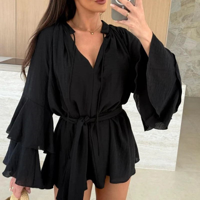 Spring Summer Ruffle Loose Mini Dress Casual Flare Sleeve Holiday Dresses Sexy Deep V Lace Up Solid Color Women's Dress Vestidos