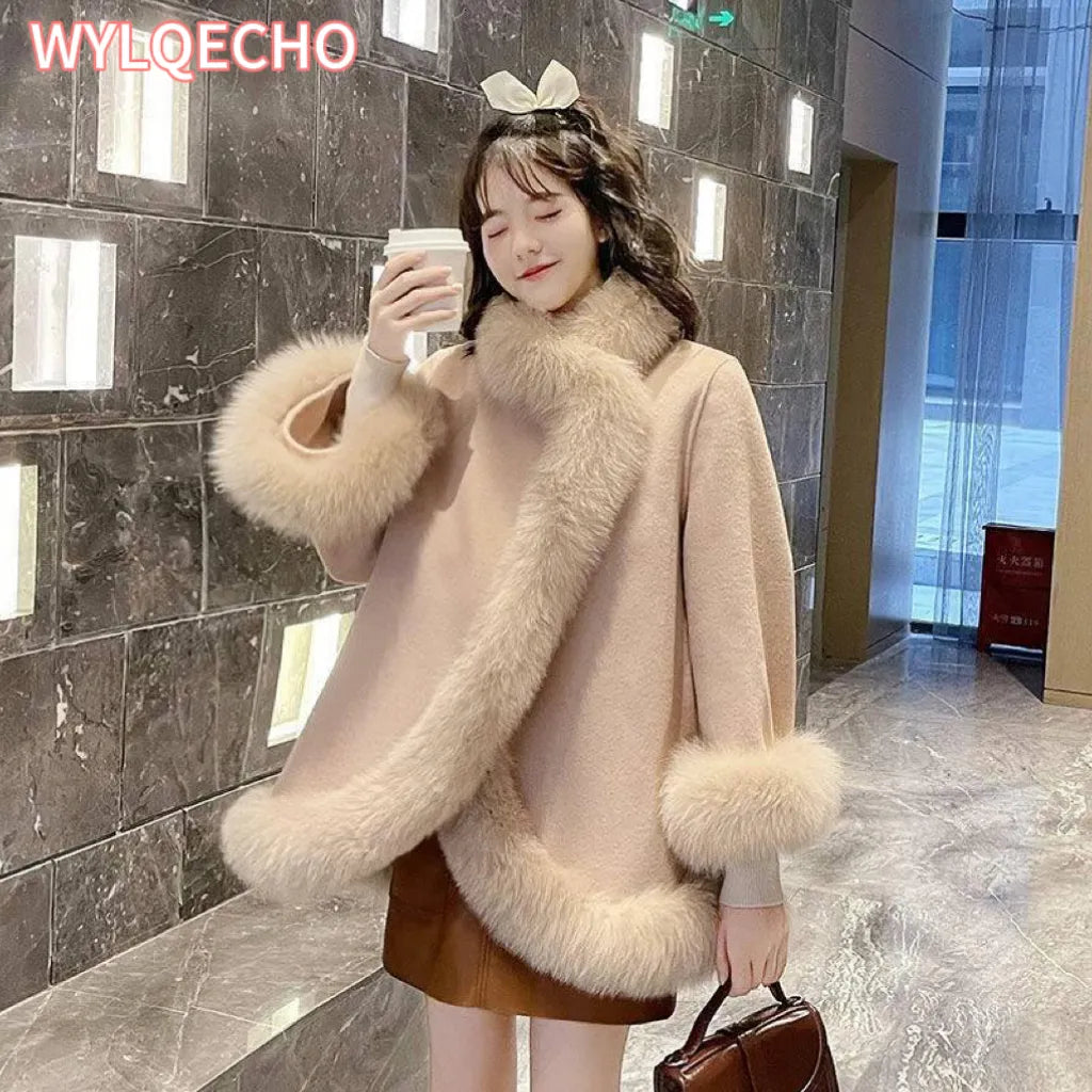 Womens Wool Blends Fur Coat Cape Shawl Korean Fashion Loose Short Jacket Female 230824