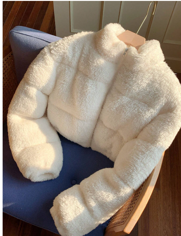 Comfortcana Women Solid Color Long Sleeve Casual Cropped Fluffy Jacket In Fall/Winter