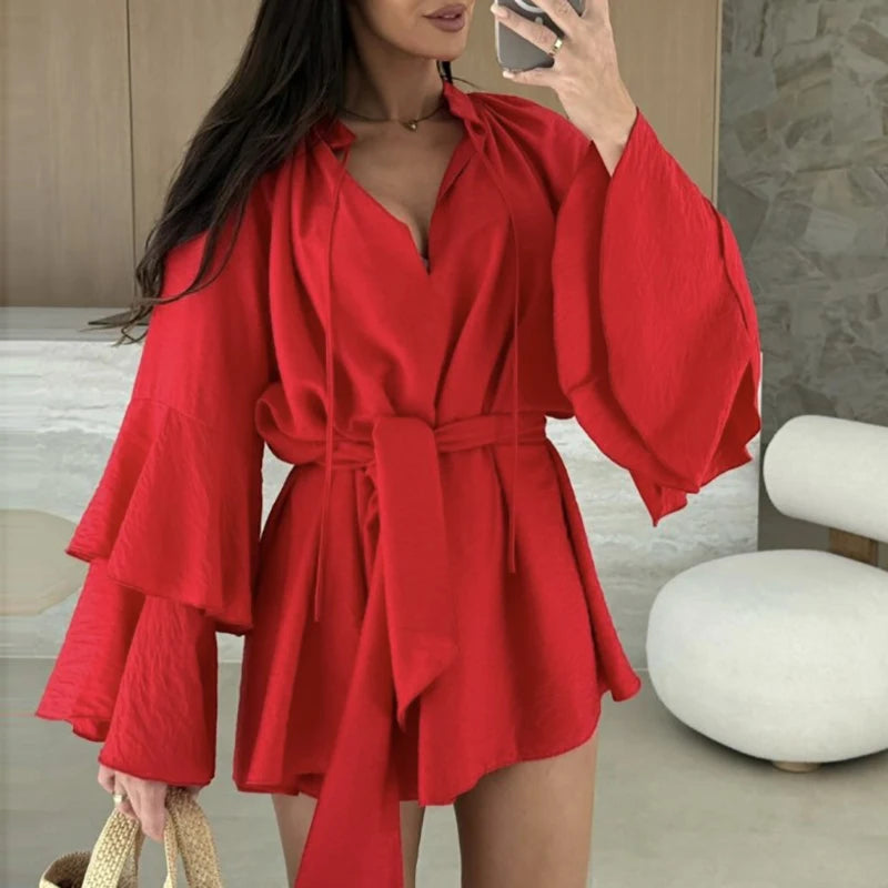 Spring Summer Ruffle Loose Mini Dress Casual Flare Sleeve Holiday Dresses Sexy Deep V Lace Up Solid Color Women's Dress Vestidos