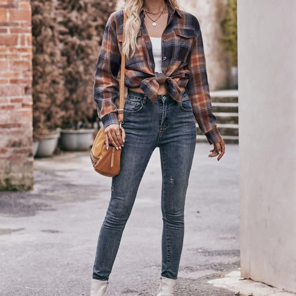 Women's Autumn Winter Loose Plaid Shirt Casual Fashion New Style Checkered Top for Ladies