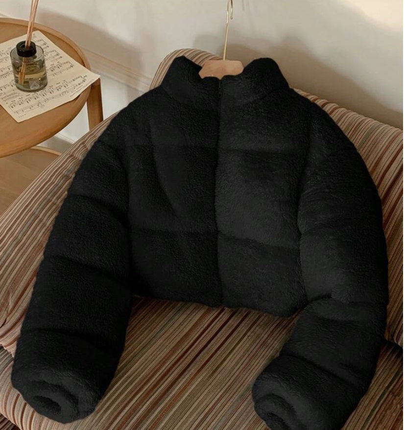 Comfortcana Women Solid Color Long Sleeve Casual Cropped Fluffy Jacket In Fall/Winter