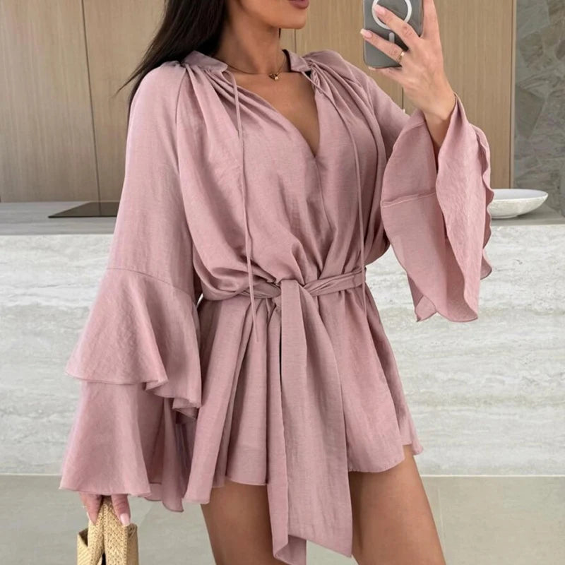 Spring Summer Ruffle Loose Mini Dress Casual Flare Sleeve Holiday Dresses Sexy Deep V Lace Up Solid Color Women's Dress Vestidos