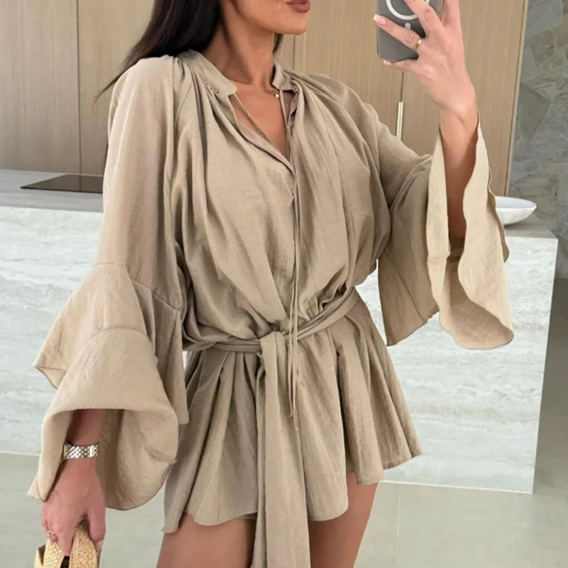 Spring Summer Ruffle Loose Mini Dress Casual Flare Sleeve Holiday Dresses Sexy Deep V Lace Up Solid Color Women's Dress Vestidos