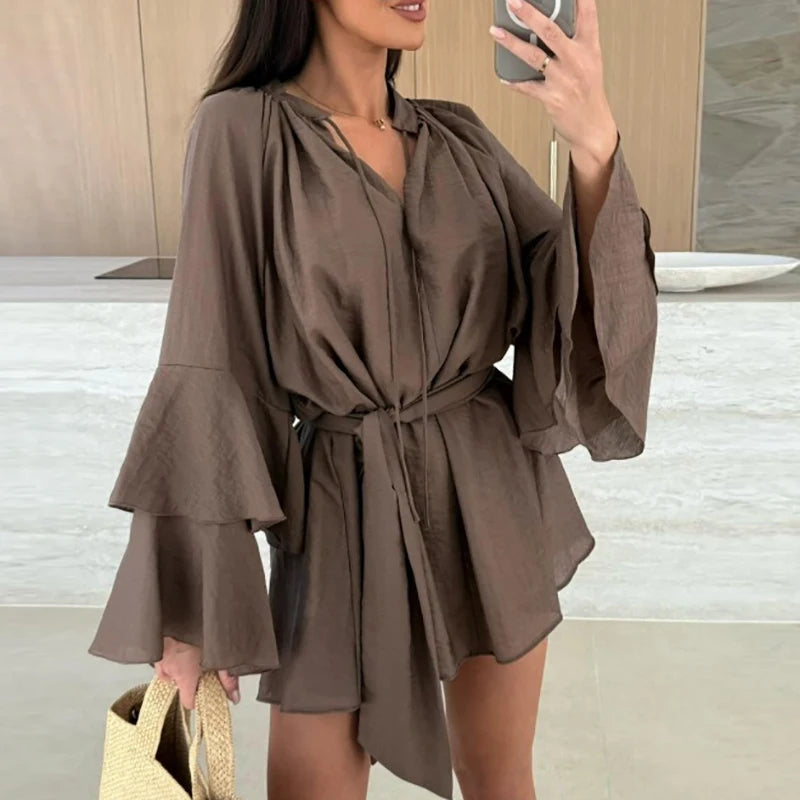 Spring Summer Ruffle Loose Mini Dress Casual Flare Sleeve Holiday Dresses Sexy Deep V Lace Up Solid Color Women's Dress Vestidos